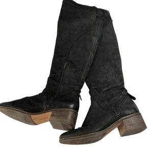 Vince Camuto Karinda Black Leather Knee High Perforated Block Heel Boots 7M 37‎